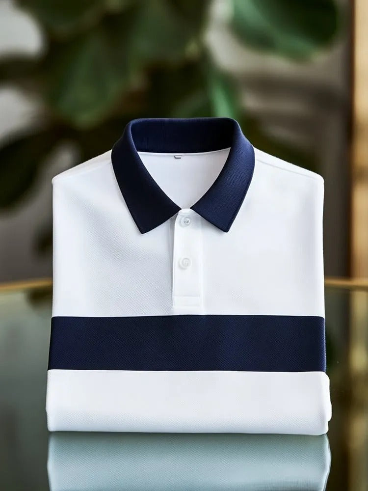 Trylly Premium White Navy Stripe Polo T-Shirt for Men | Classic Minimal Smart Fit Tee