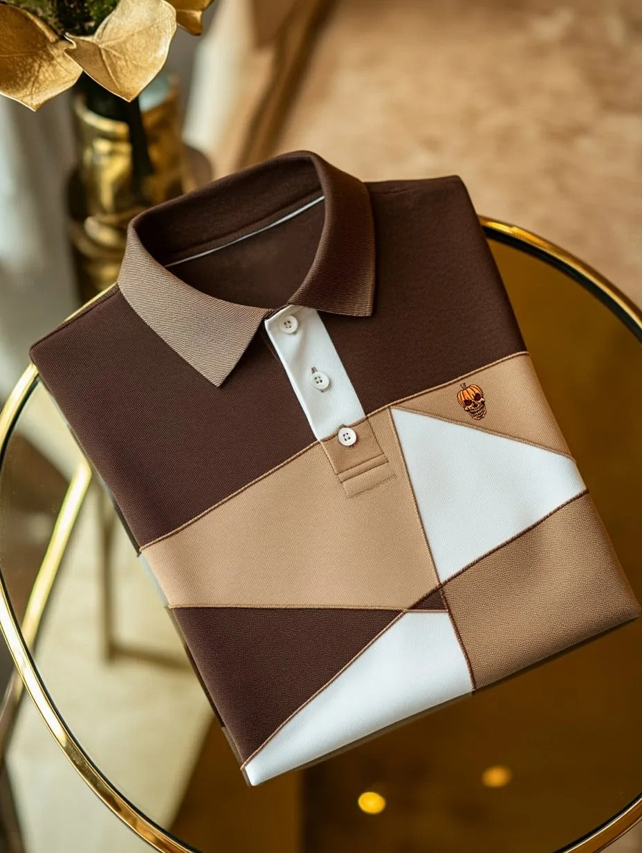 Trylly Premium Brown Beige Geometric Polo T-Shirt for Men | Stylish Designer Smart Fit Tee