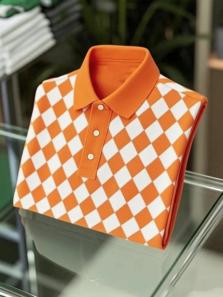 Trylly Premium Orange Checkered Polo T-Shirt for Men | Bold Stylish Smart Fit Tee