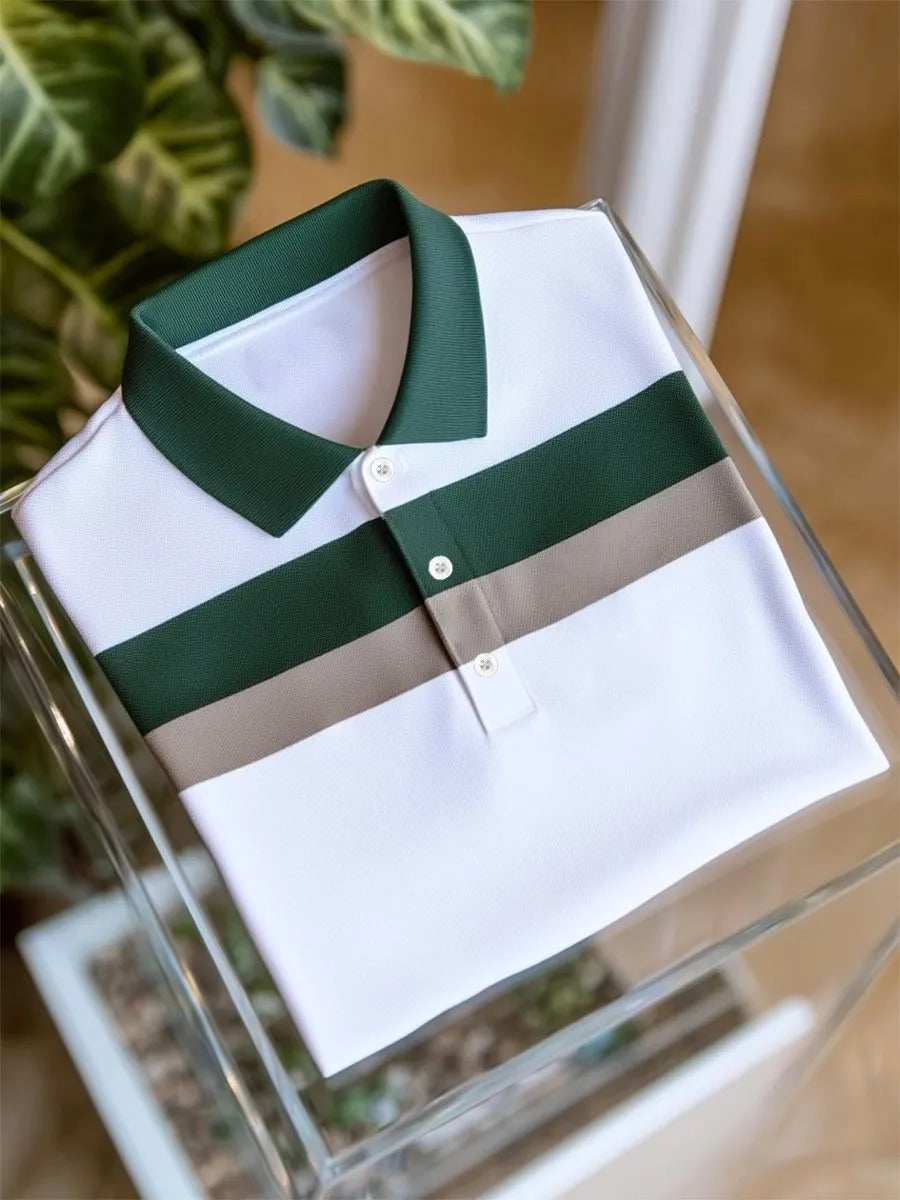 Trylly Premium White Green Stripe Polo T-Shirt for Men | Elegant Casual Smart Fit Tee