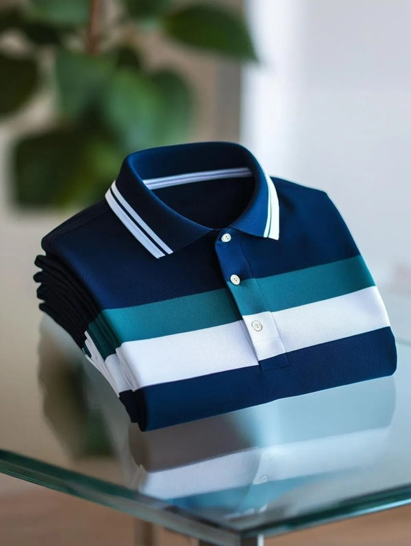 Trylly Premium Navy Teal Stripe Polo T-Shirt for Men | Stylish Casual Smart Fit Tee
