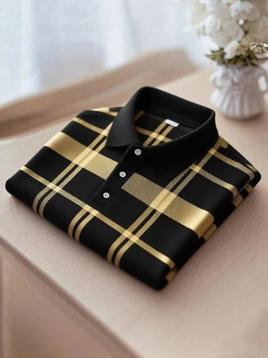 Trylly Premium Black Gold Checkered Polo T-Shirt for Men | Luxury Stylish Smart Fit Tee