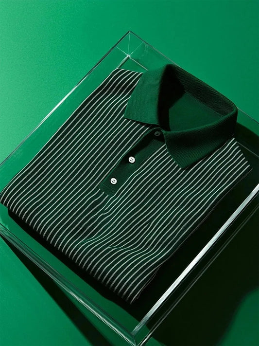 Trylly Premium Dark Green Striped Polo T-Shirt for Men | Elegant Casual Smart Fit Tee